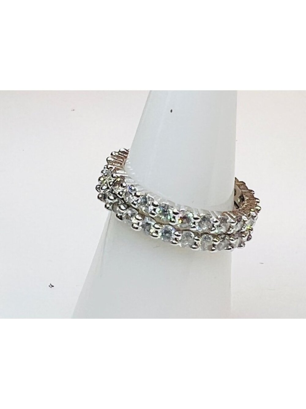 Ring Bomb Party Ring, Size 6, double band set, CZ like stones, silver color